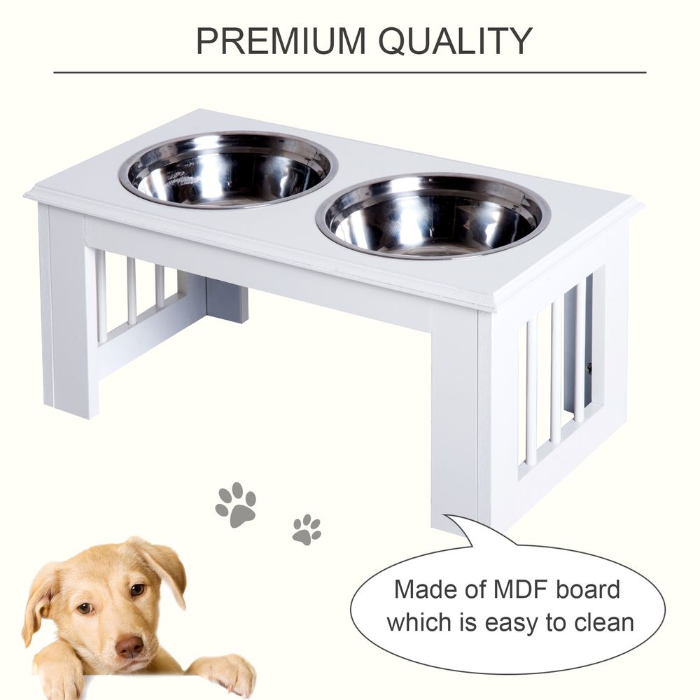 Raised pet feeder elevated double stainless steel bowls stand water - White