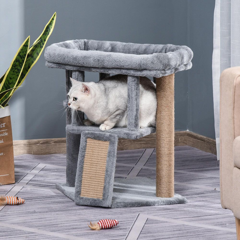 PawHut - Cat tree activity centre with scratching pad, toy ball, cat house - Grey