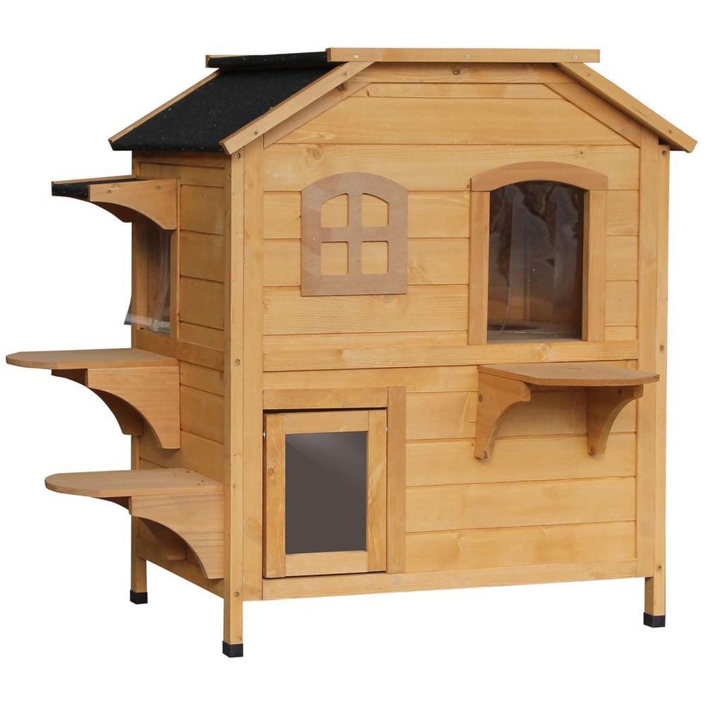 Wooden pet cat house cave shelter condos outdoor natural wood finish