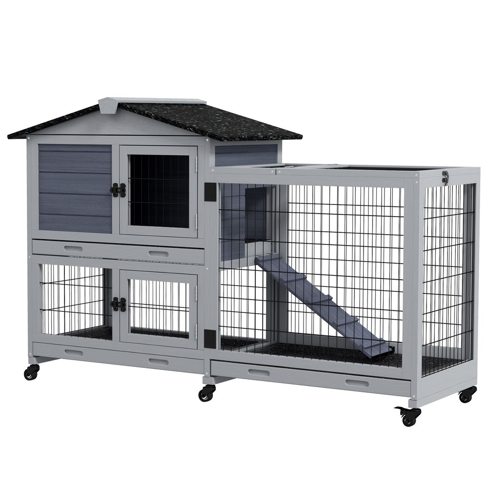 PawHut large rabbit hutch outdoor indoor with wheels, three slide-out trays and ramp