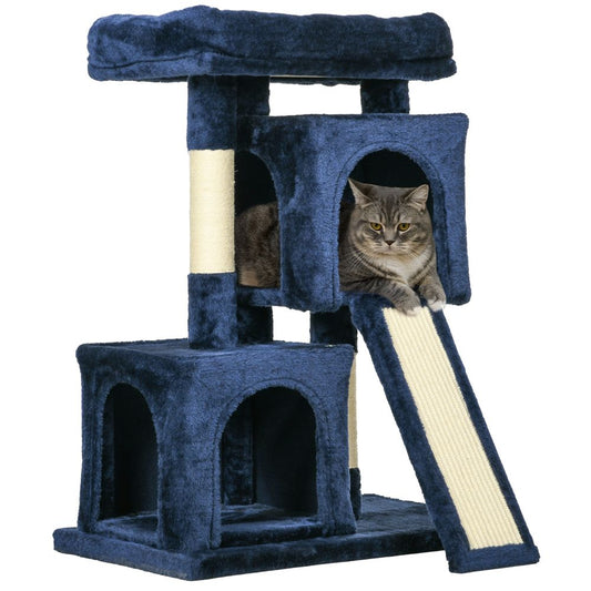 PawHut cat rest & play activity tree with 2 houses, perch and scratching post - navy blue