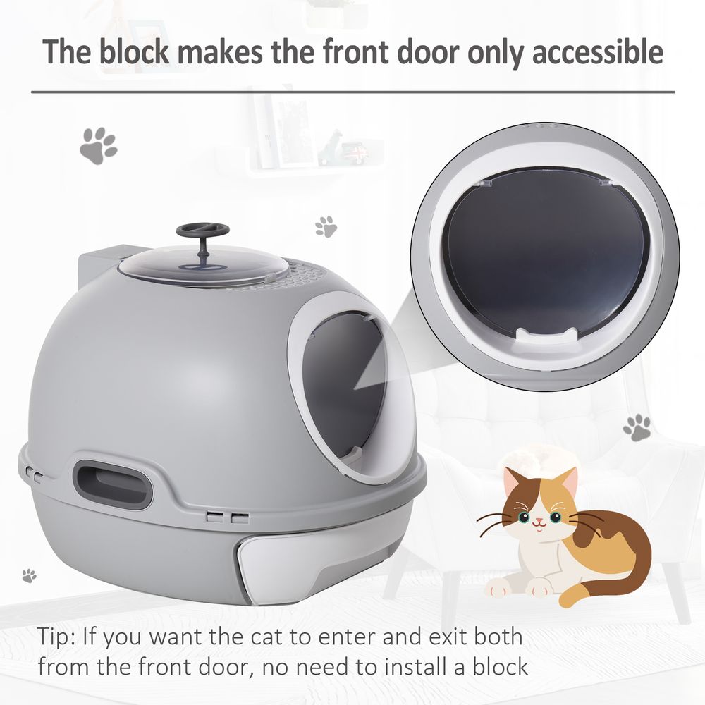 Pet cat litter box toilet with litter scoop, enclosed drawer, skylight - Grey