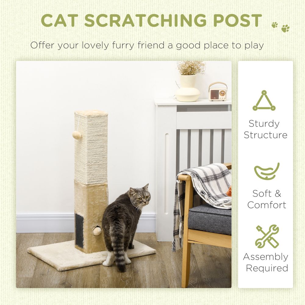 PawHut Cat scratching post scratcher climber with carpet base and hanging toy - Beige