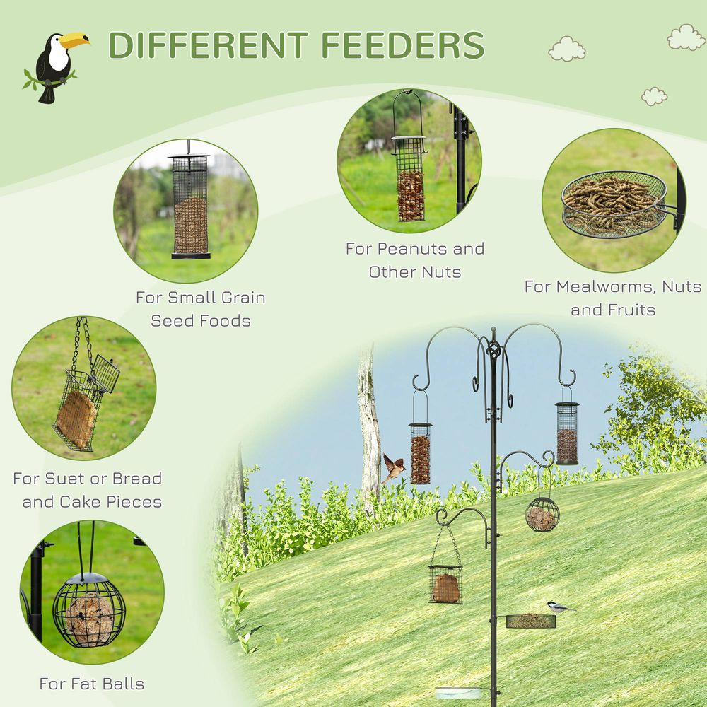 PawHut wild bird feeding station kit, feeder with pole and 6 hooks with 4 hanging feeders