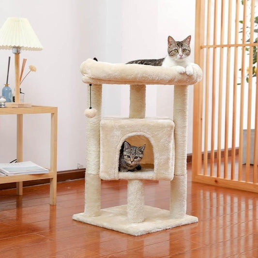 Modern Small Cat Tree Cat Tower with Sisal Scratching Post, Cozy Condo, Top Perch and Dangling Ball Beige