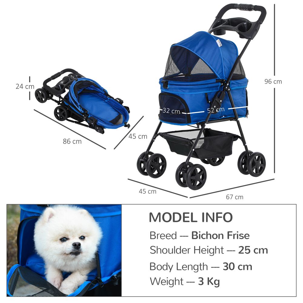 PawHut Pet stroller foldable travel carriage with brake, basket and adjustable canopy