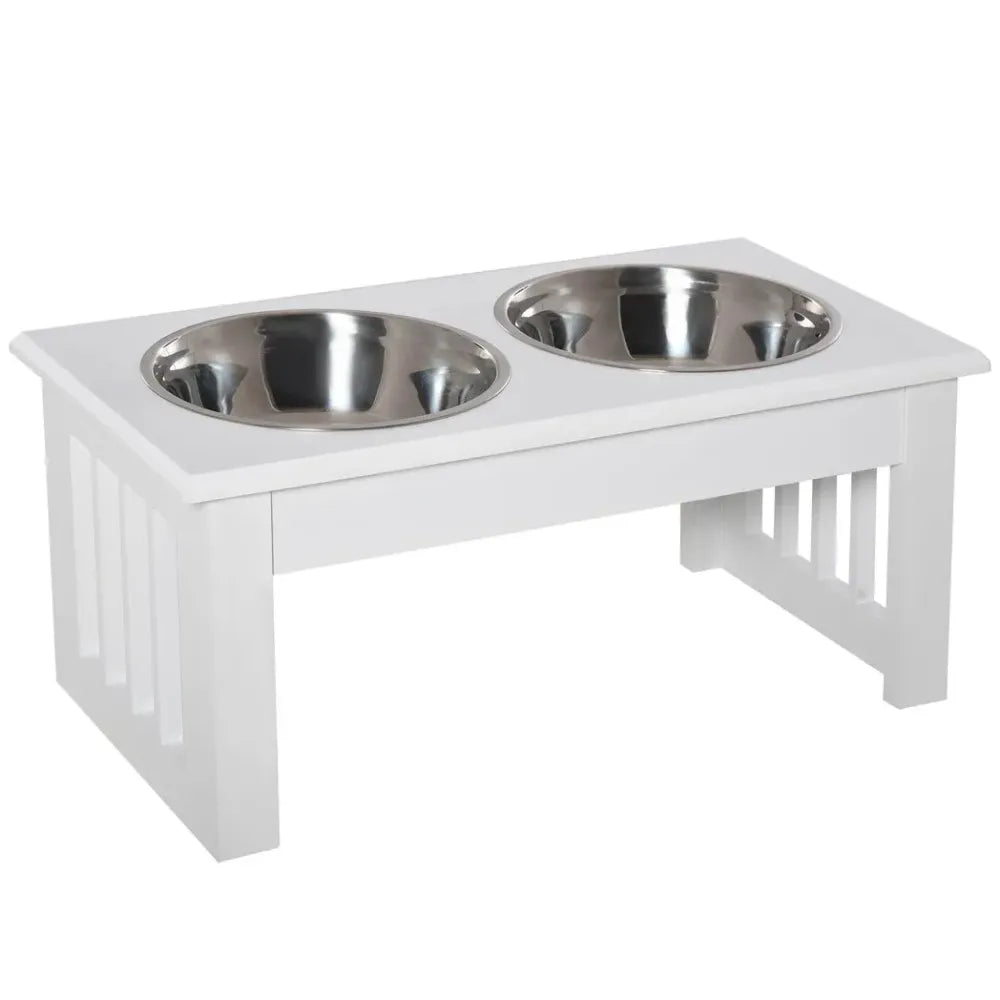 Pet feeder raised elevated stainless steel bowls stand food water white small