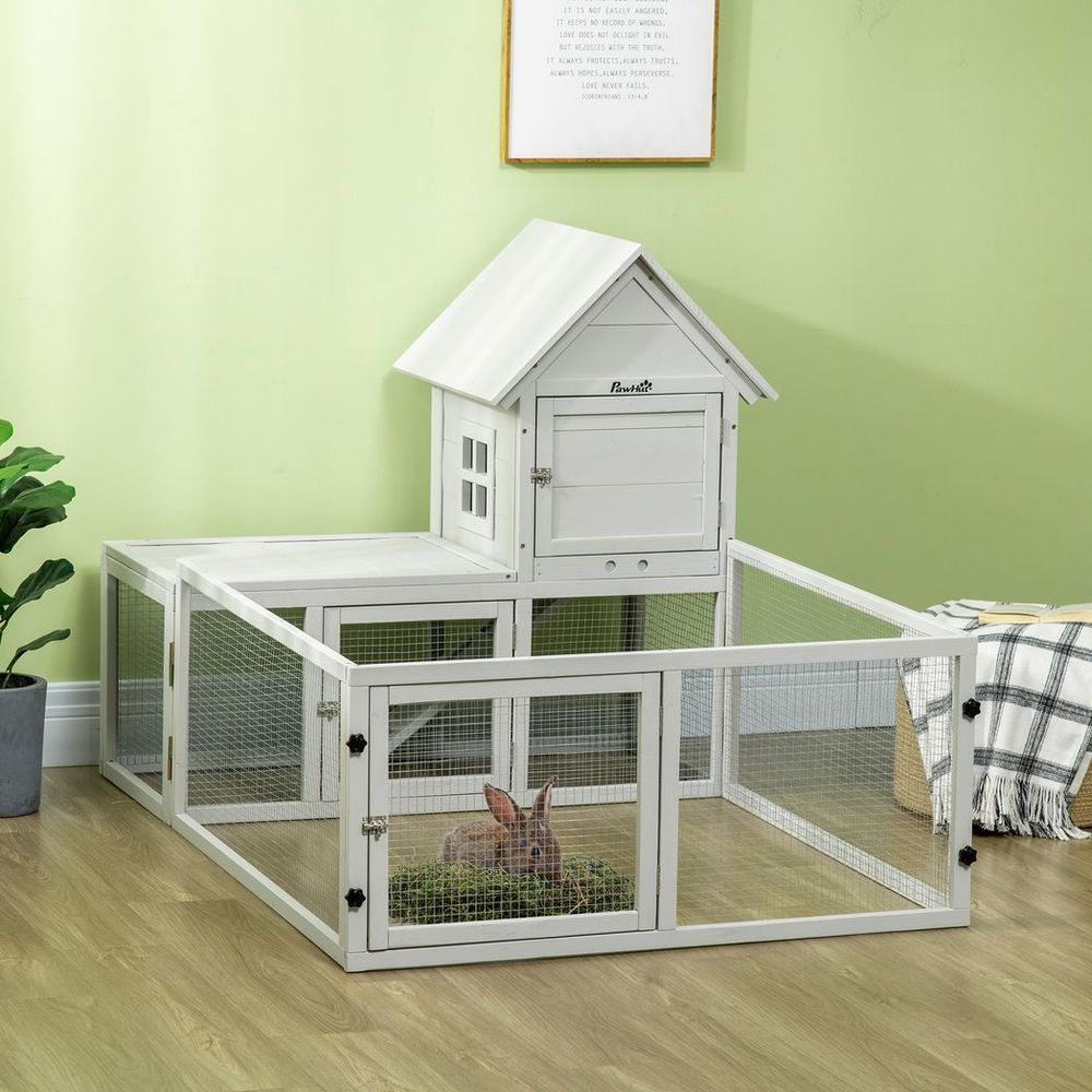 PawHut rabbit or guinea pig hutch cage with slide out tray and fenced area