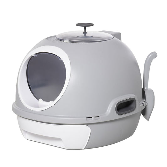 Pet cat litter box toilet with litter scoop, enclosed drawer, skylight - Grey