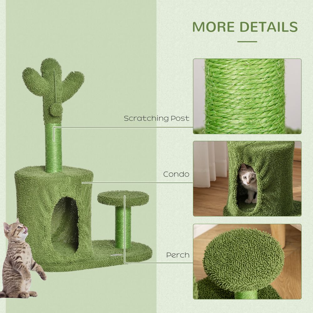 Cat Tree Tower Cactus Shape w/ Scratching Post Condo Perch Toy Ball - Green