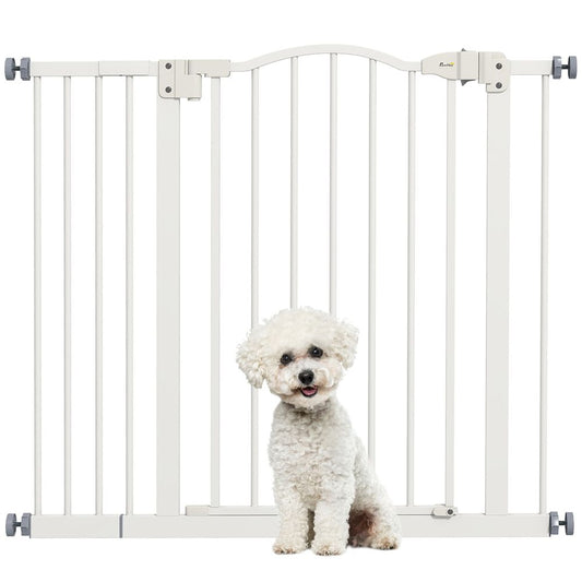 PawHut 74-94cm adjustable metal pet gate safety barrier with auto-close - White