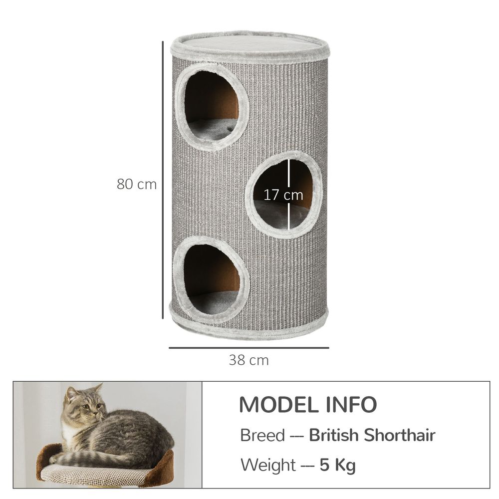 Cat barrel kitten tree tower for indoor cats, covered with sisal, cosy platform