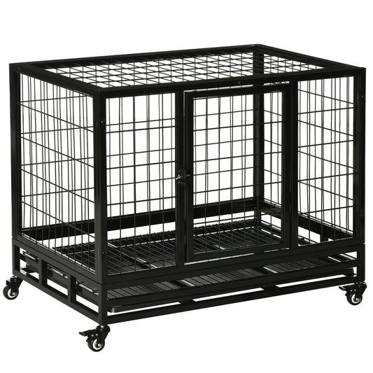 Dog cage pet metal heavy duty with wheels and crate tray for kennel - Black medium. large