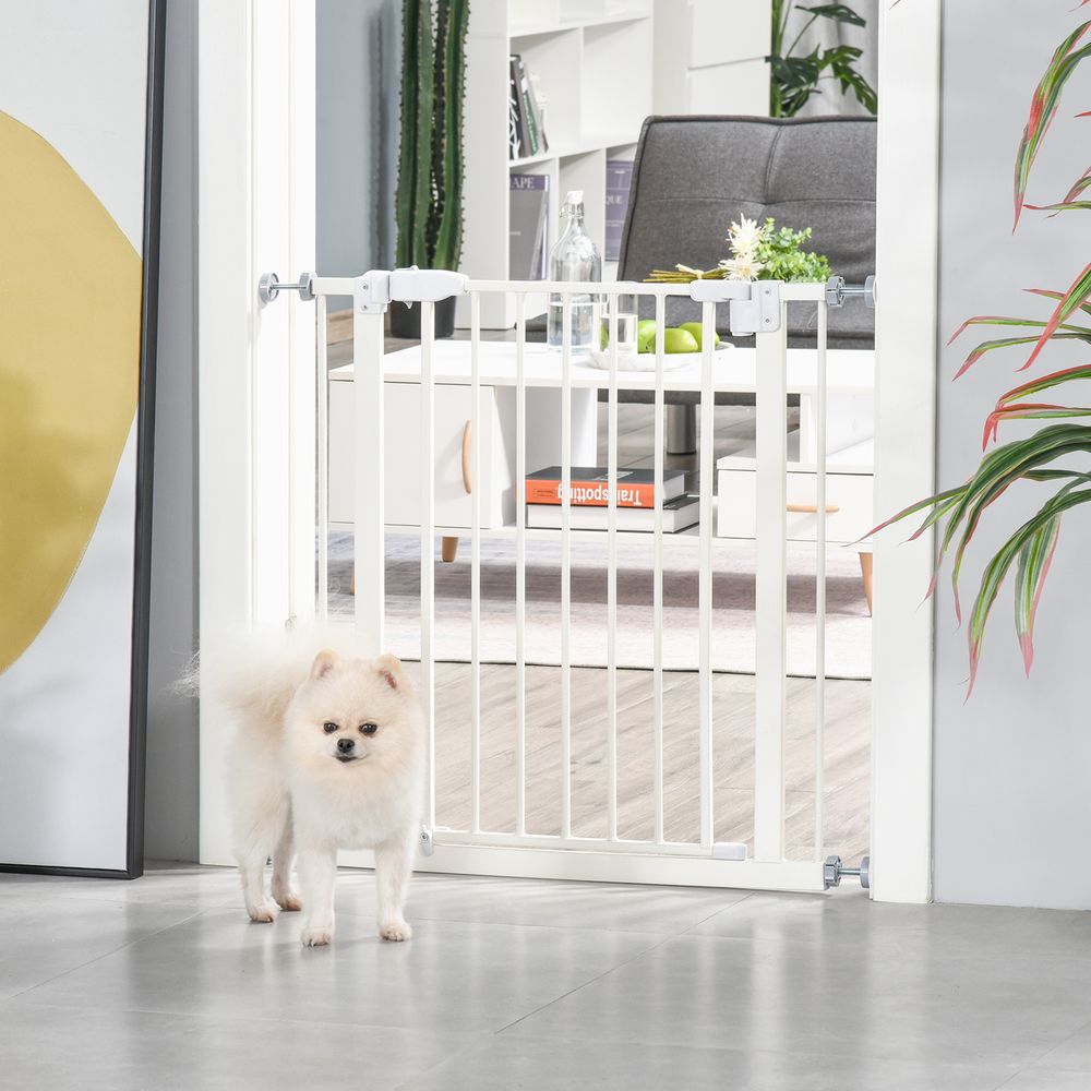 PawHut 74-80cm adjustable metal pet gate safety barrier with auto close door - White