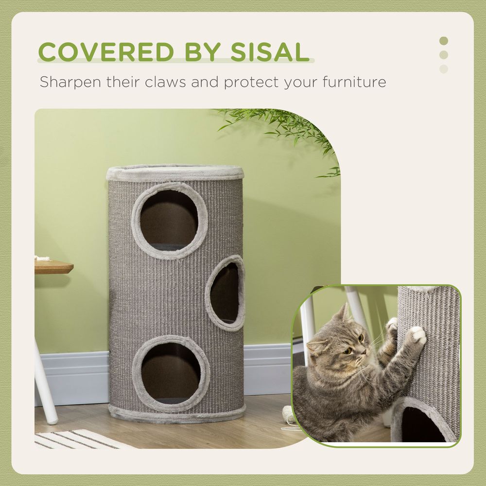 Cat barrel kitten tree tower for indoor cats, covered with sisal, cosy platform