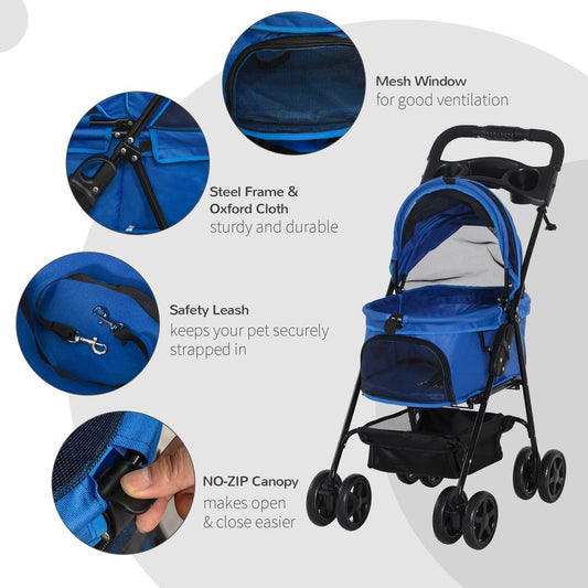 PawHut Pet stroller foldable travel carriage with brake, basket and adjustable canopy