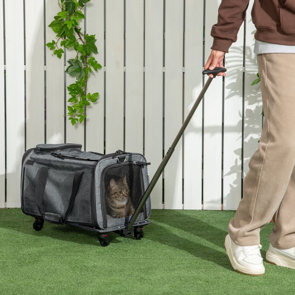 PawHut 4 in 1 Pet trolley, sling carry bag, car seat on wheels for cats and extra small dogs with telescopic handle - grey