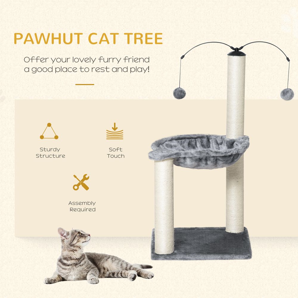 Cat Tree tower for indoor cats with sisal scratching post, hammock, toy ball - Grey