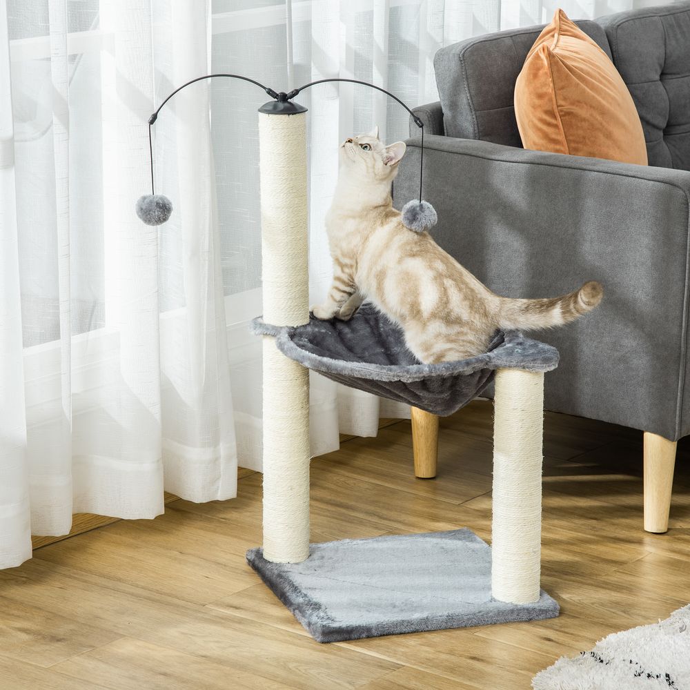 Cat Tree tower for indoor cats with sisal scratching post, hammock, toy ball - Grey