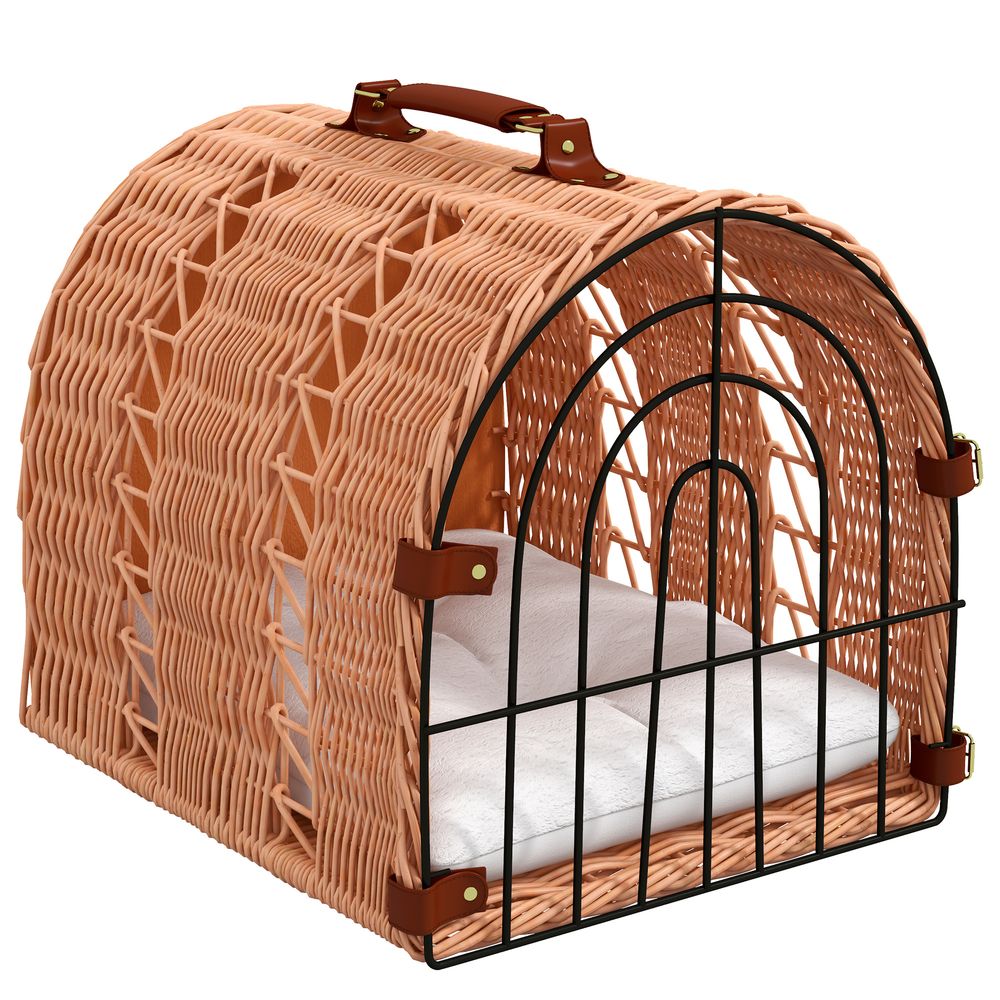 Portable natural wicker cat basket, bed, house with mat and carry handle - for kitten, pussy, carrying house