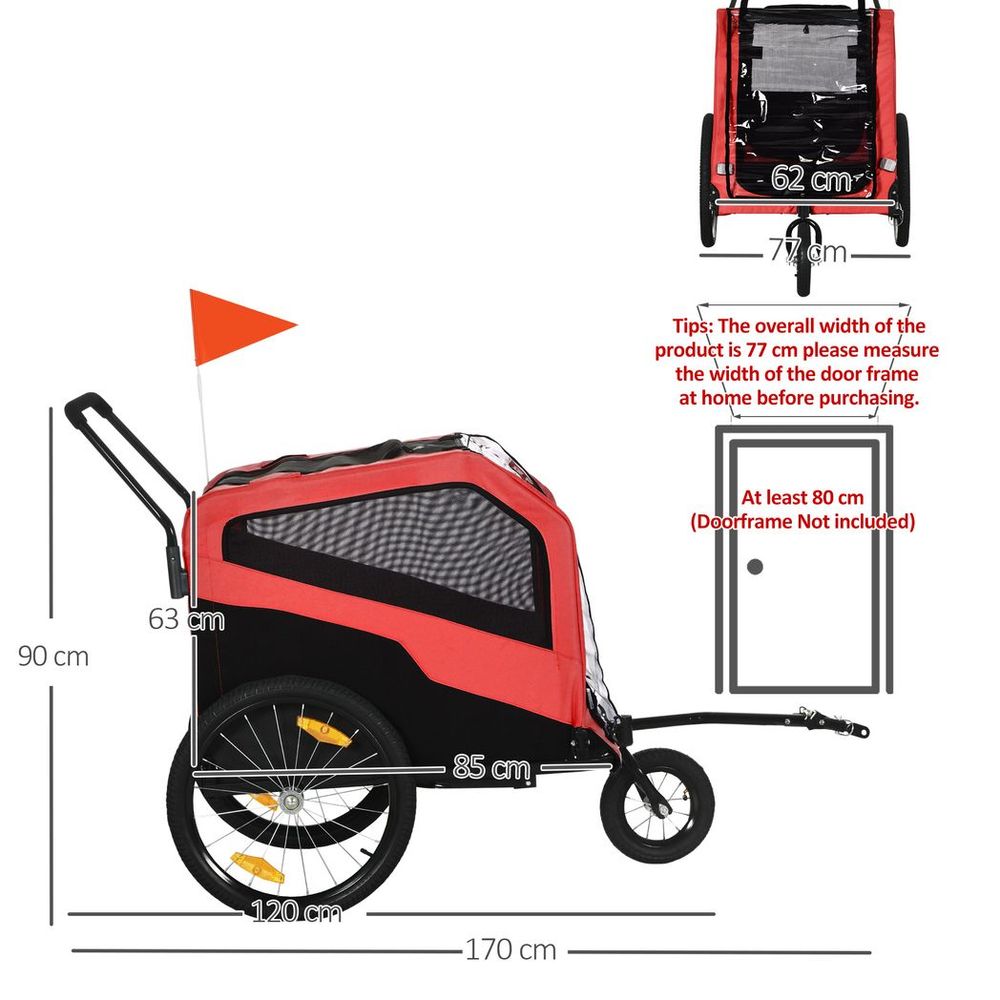 2 in 1 Pet dog can bike trailer stroller for large Dogs with hitch - Red (up to 30Kg and 60cm)