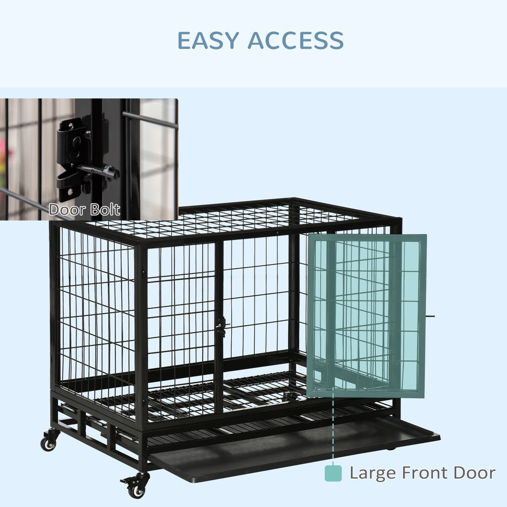 Dog cage pet metal heavy duty with wheels and crate tray for kennel - Black medium. large