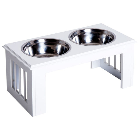Raised pet feeder elevated double stainless steel bowls stand water - White