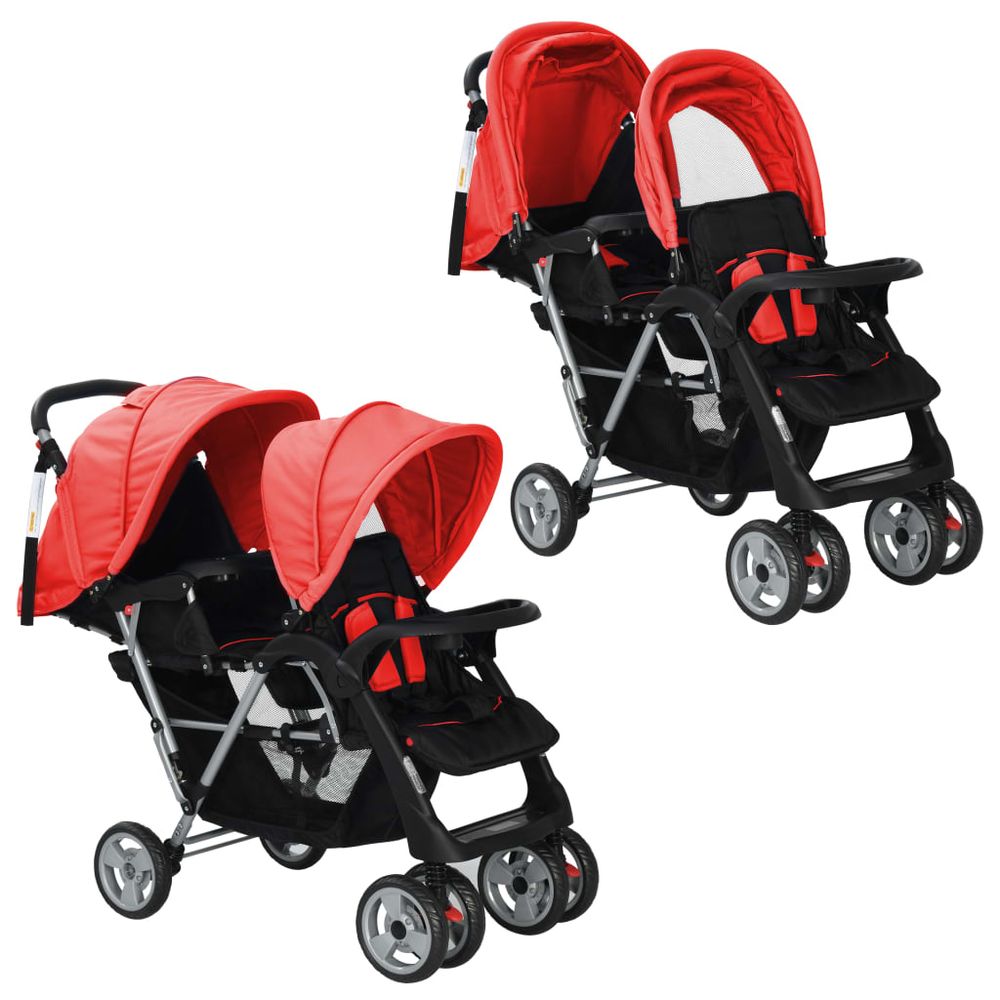 vidaXL Tandem Stroller Steel Red and Black