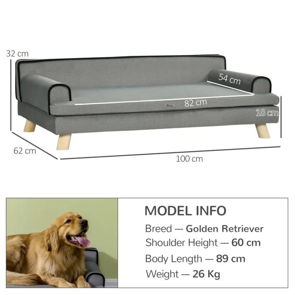 Pet sofa for large, medium dogs, with wooden legs, water-resistant fabric - Grey (PawHut)