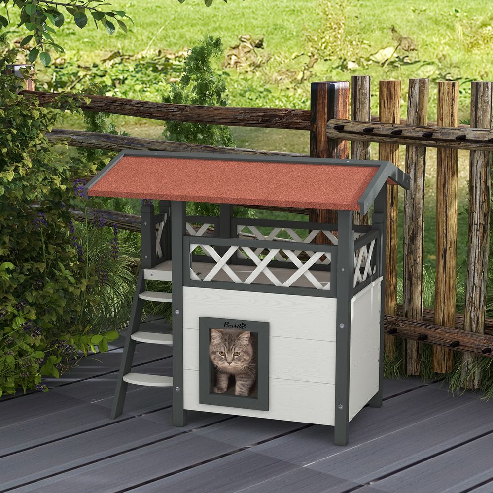 PawHut outdoor cat house with balcony, stairs, roof, white
