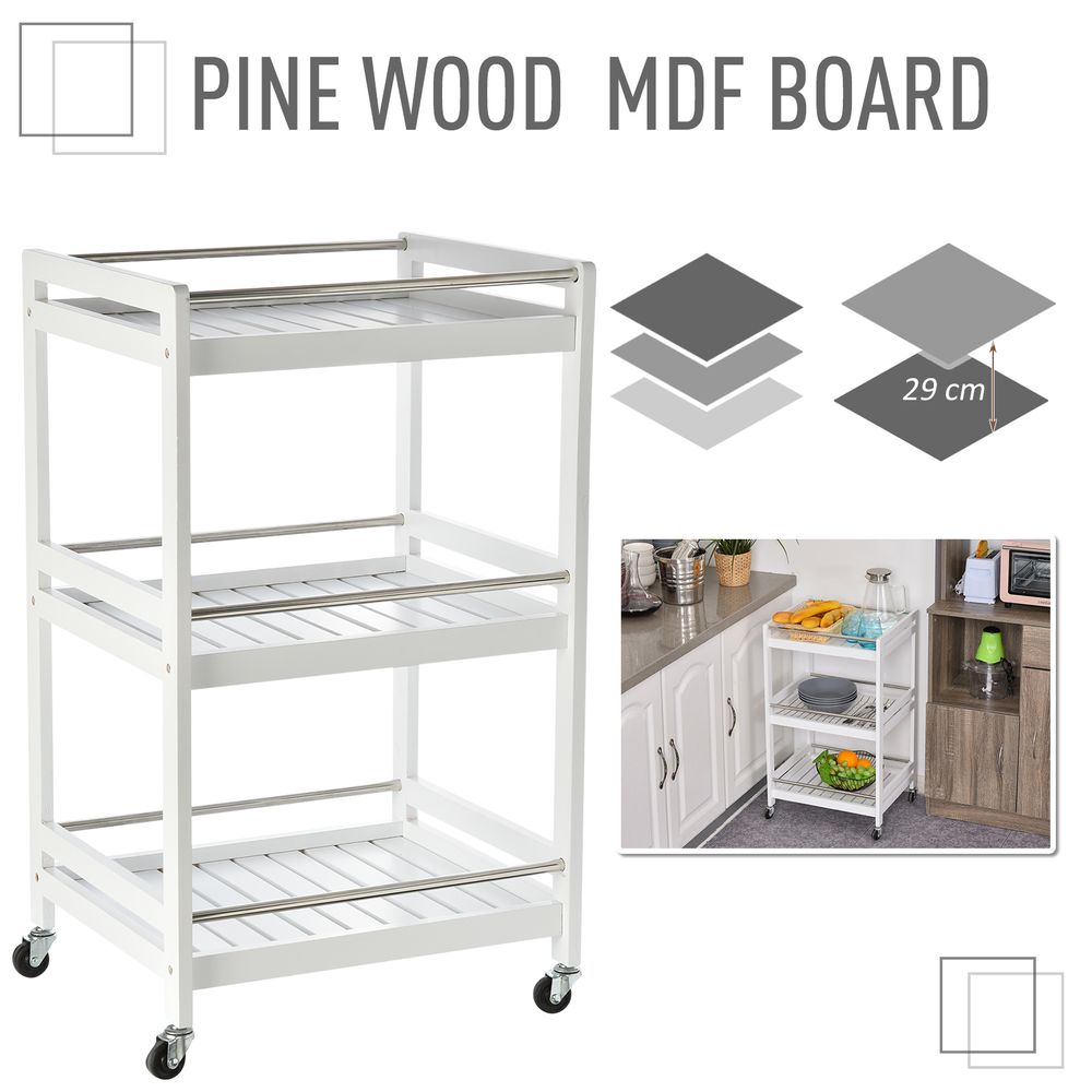 Pine Wood 3-Tier Kitchen Trolley White