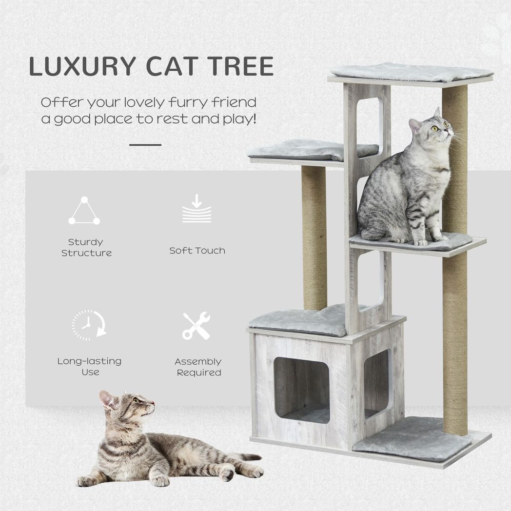 PawHut 114cm Cat Tree Tower Climbing Frame with Scratching Posts Cat House Grey