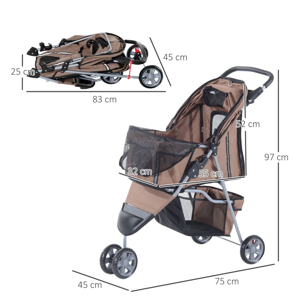 Pet Stroller Pushchair Carrier for Cat Puppy with 3 Wheels Brown Pawhut