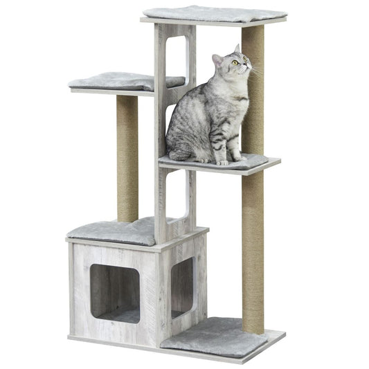 PawHut 114cm Cat Tree Tower Climbing Frame with Scratching Posts Cat House Grey