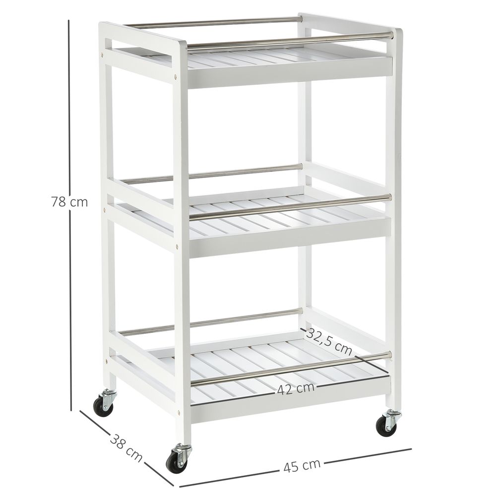 Pine Wood 3-Tier Kitchen Trolley White