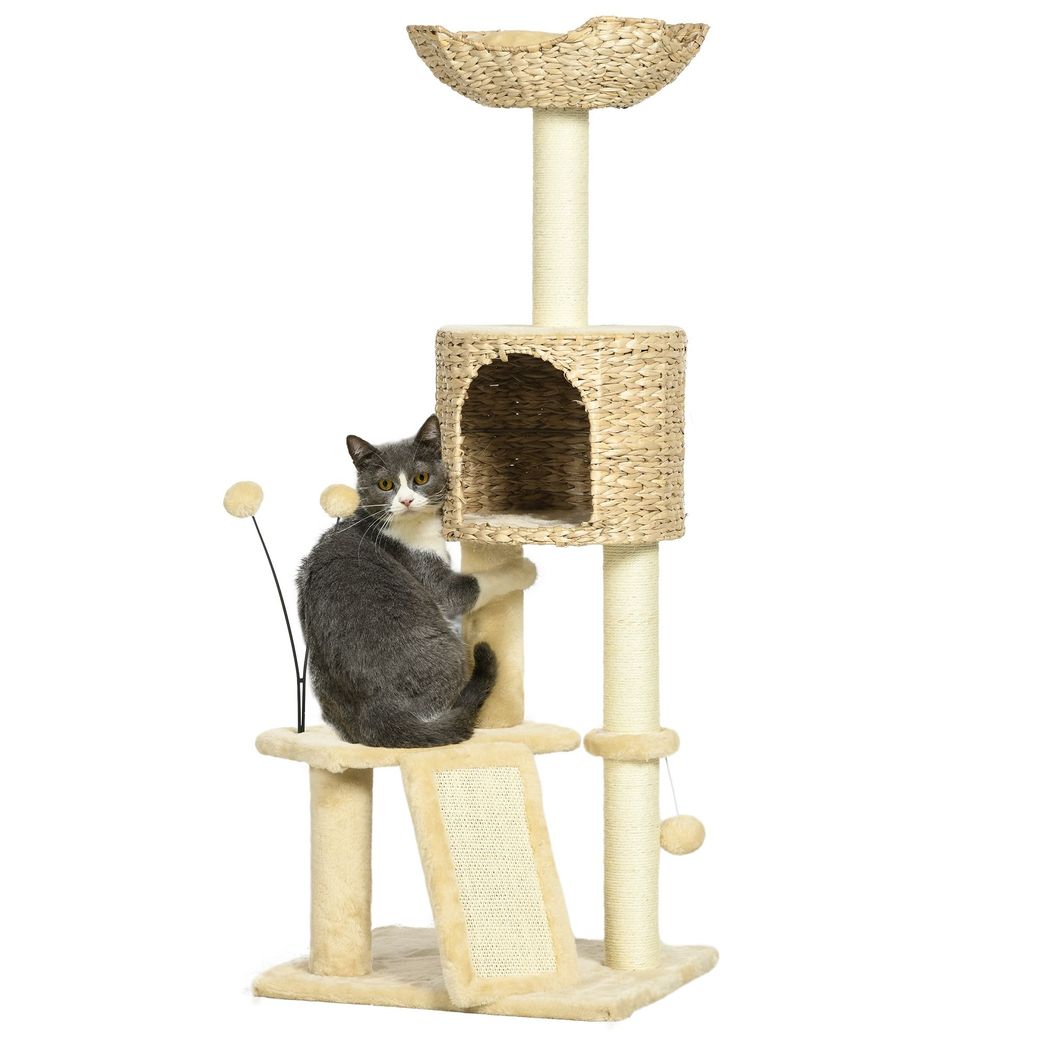 PawHut 116cm Cat Tree Tower with Scratching Post Cat House Ball Platform Beige