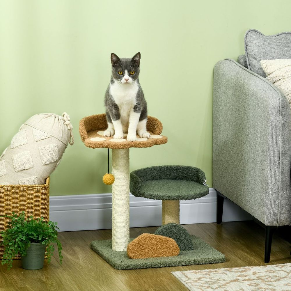 Cat Tree for indoors (52cm), scratching posts with two beds and toy ball