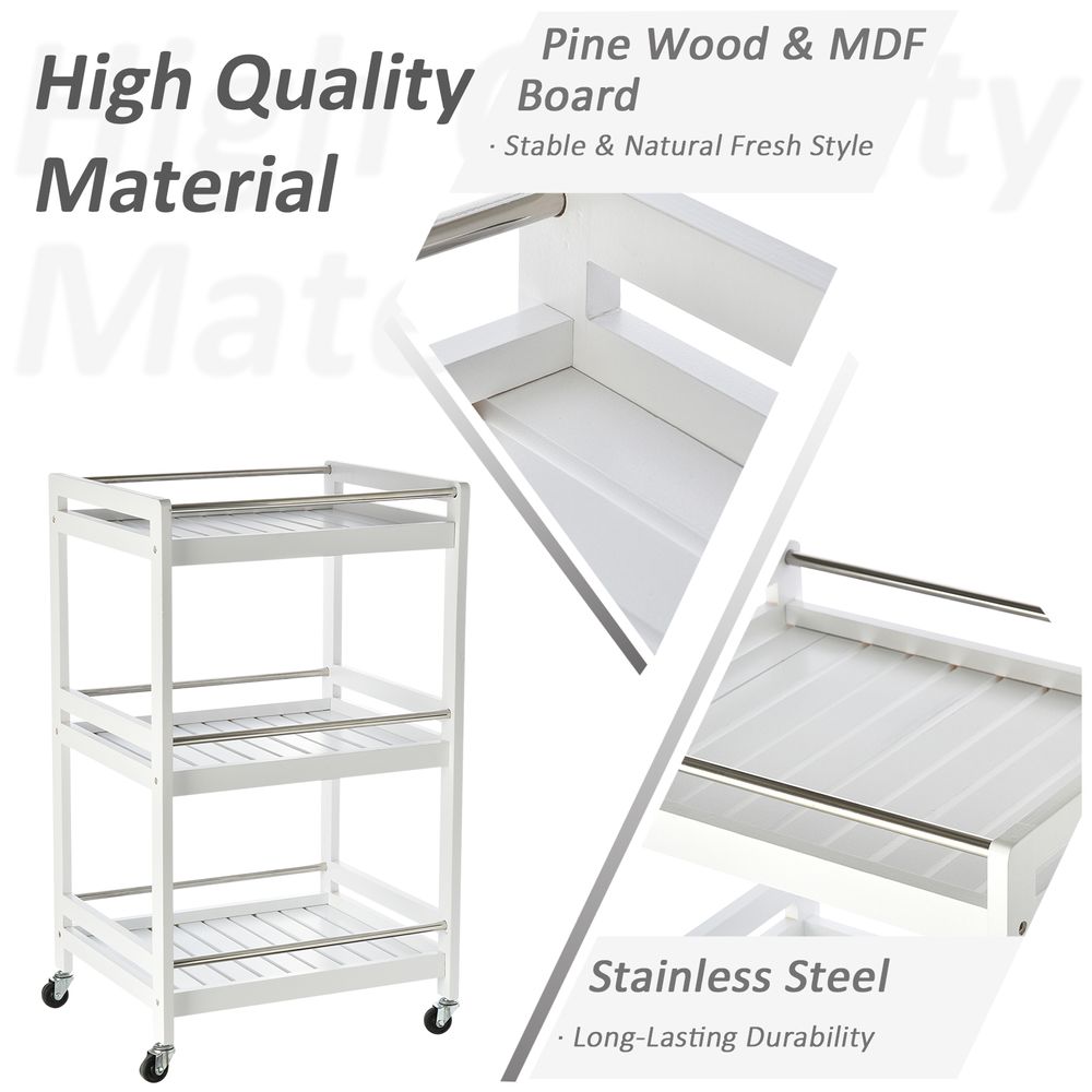 Pine Wood 3-Tier Kitchen Trolley White