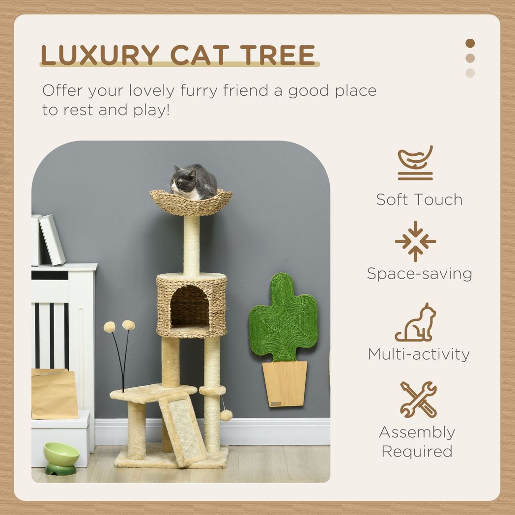 PawHut 116cm Cat Tree Tower with Scratching Post Cat House Ball Platform Beige
