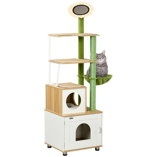 PawHut Cat Tree with Litter Box, Scratching Post, Cat House, Hammock - Oak Tone