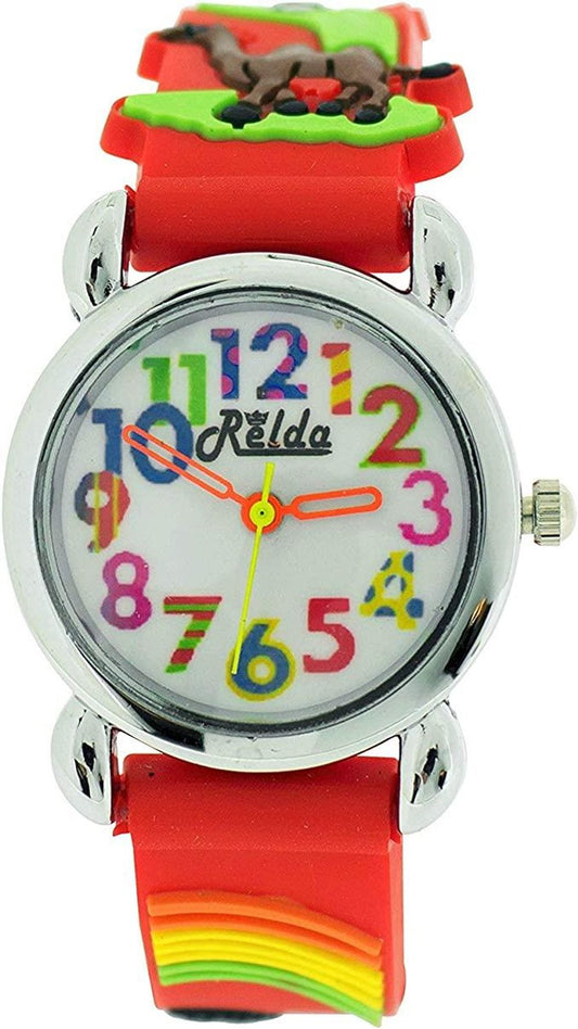 Relda Children's Analog 3D Zoo Animals Red Silicone Strap Girl's Watch REL106